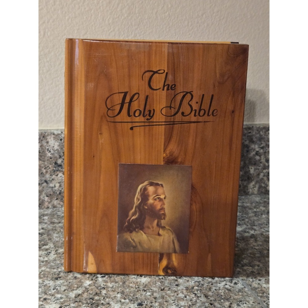 Vintage Cedar Holy Bible Box Wooden Storage Case Jesus Portrait No Bible